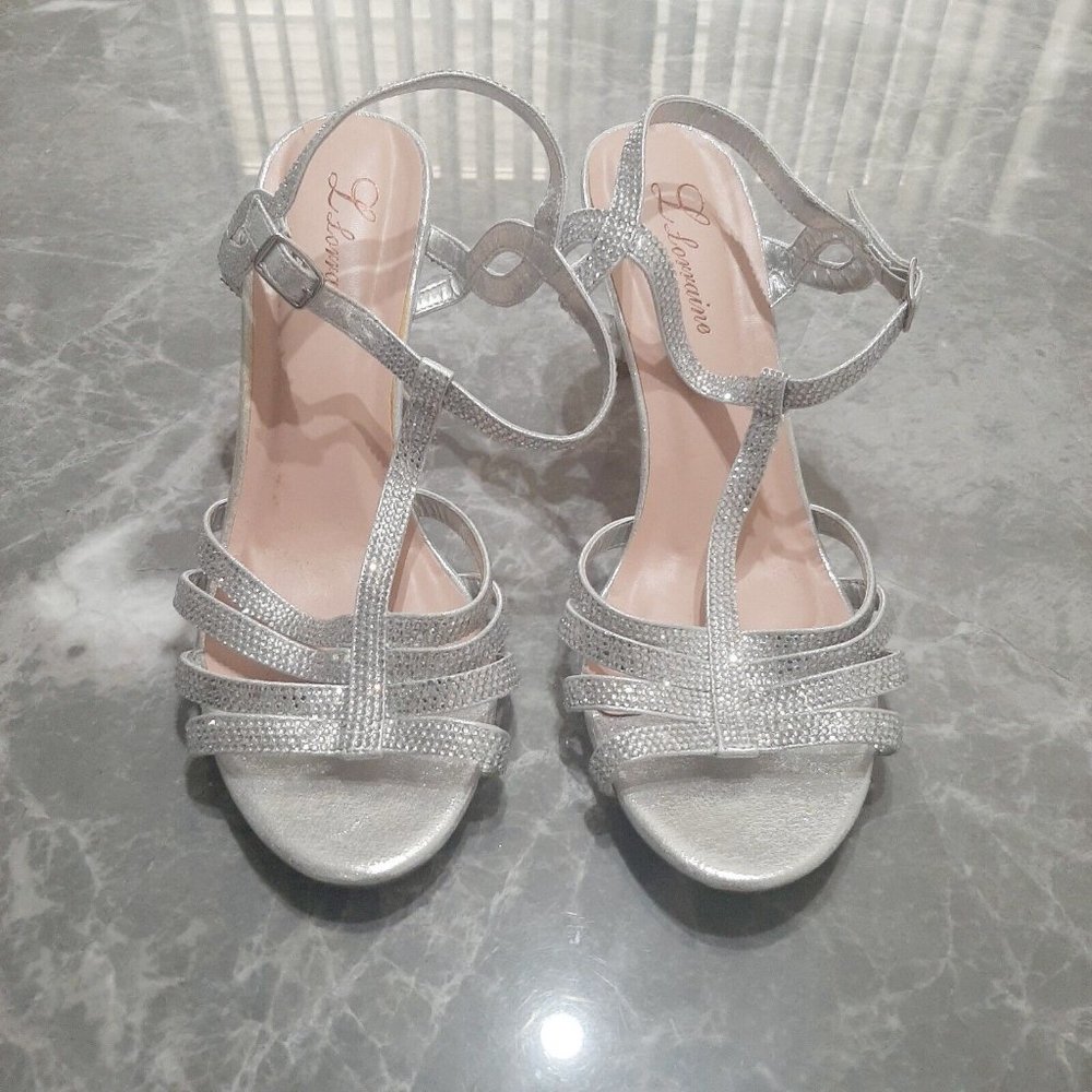 L Lorraine Formal Shimmering Silver Wedge Sandal 3.5 inch Heels Bride Prom SZ 10